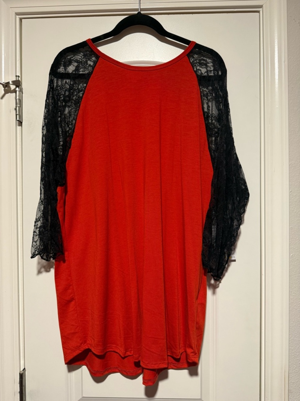 LuLaRoe Red Knit Top with Black Lace Sleeves